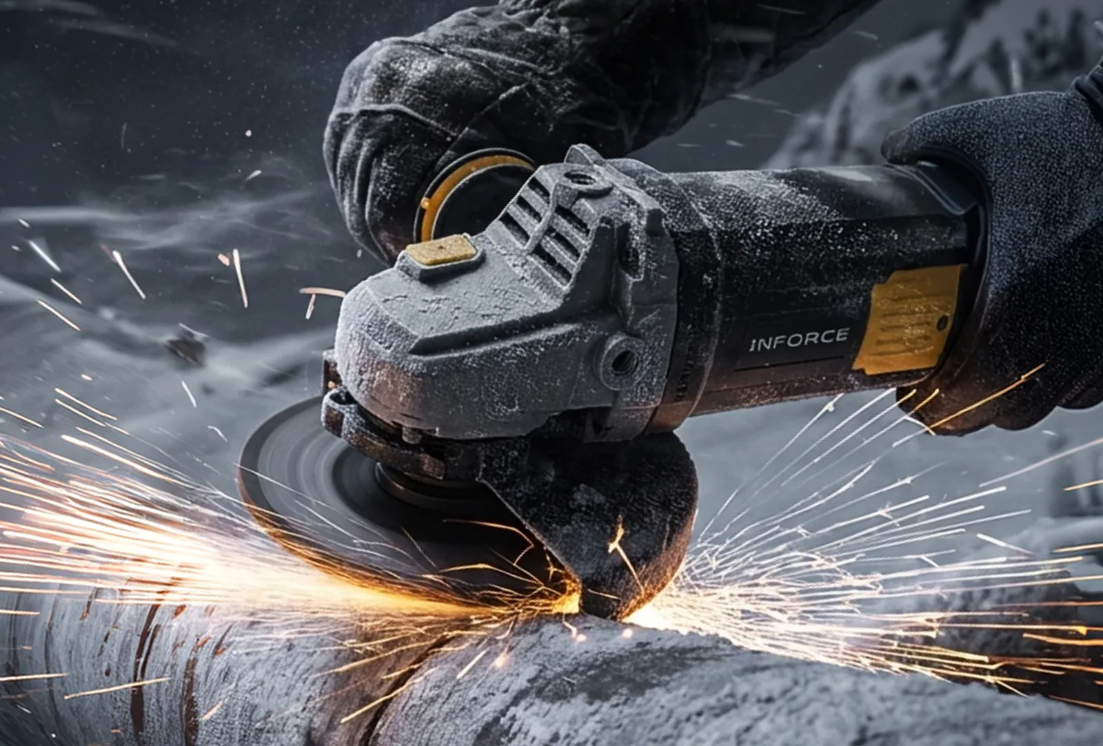 INFORCE: an angle grinder cutting steel with sparks